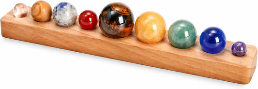 ZENFUN Nine Planets in Solar System with Wooden Stand, Natural Gemstones Sphere Solar System Model Kit, Planet Marbles, Space Themed Bedroom Decor, Best Birthday Science Astronomy Gifts
