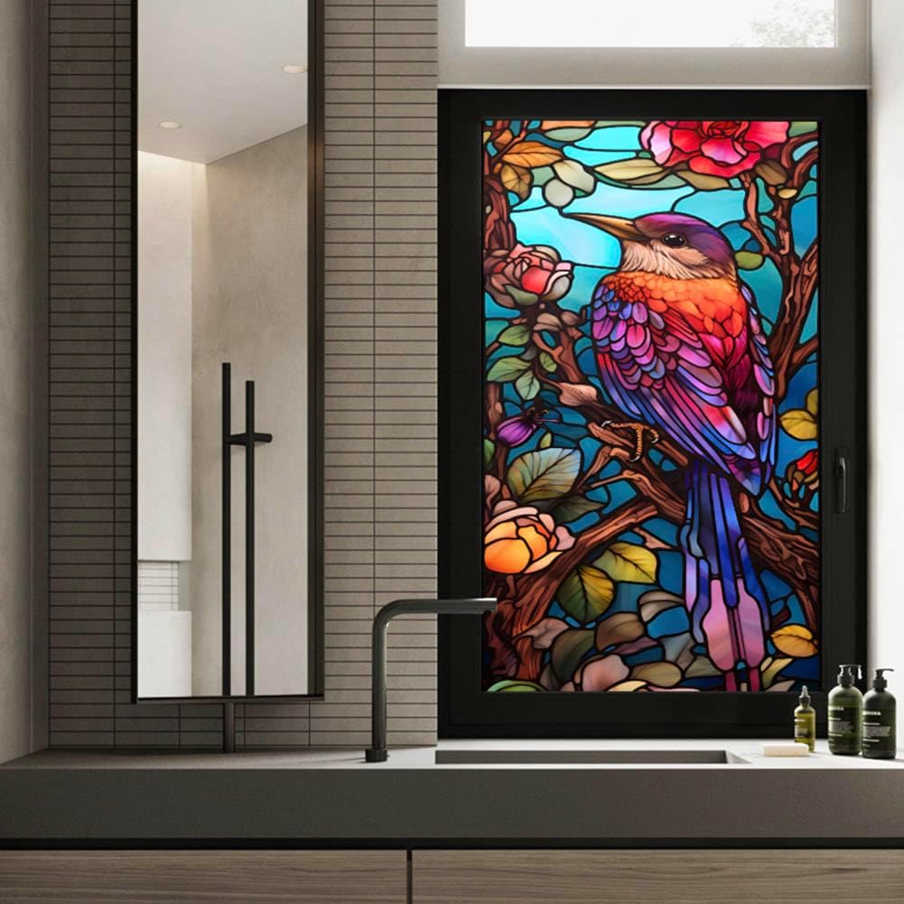 JOONOR Privacy Window Film Stained Glass Window Sticker Non-Adhesive Frosted Glass Film Decorative Magnolia Flower Pattern Static Cling Decals for Home UV Blocking/Heat Insulation 17.7 x 39.4 Inch