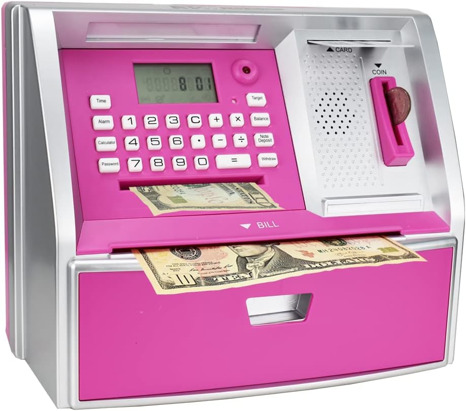 ATM Savings Bank with Debit Card, Electronic Piggy Bank for Real Money, Coin Recognition, Targets Setting, Password Login, Voice Prompt, Great Gift for Boys Girls (Golden/Black)
