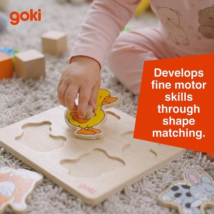 GOKI Wooden Peg Puzzle for Toddlers – Montessori Inspired Learning Toys for Toddlers I Farm Animals Knob Puzzle Ages 1+ Develops Fine Motor Skills and Shape Recognition I Designed with Love in Germany