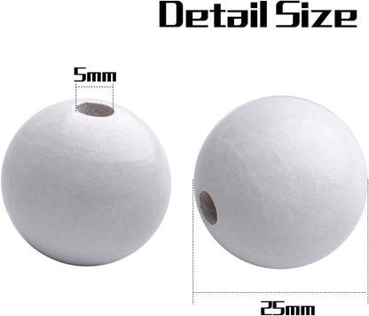Aylifu Round Wooden Beads, 50 pcs 25mm Natural Unfinished Wooden Spacers for DIY Crafts Jewelry Making, White, Hole: 5mm