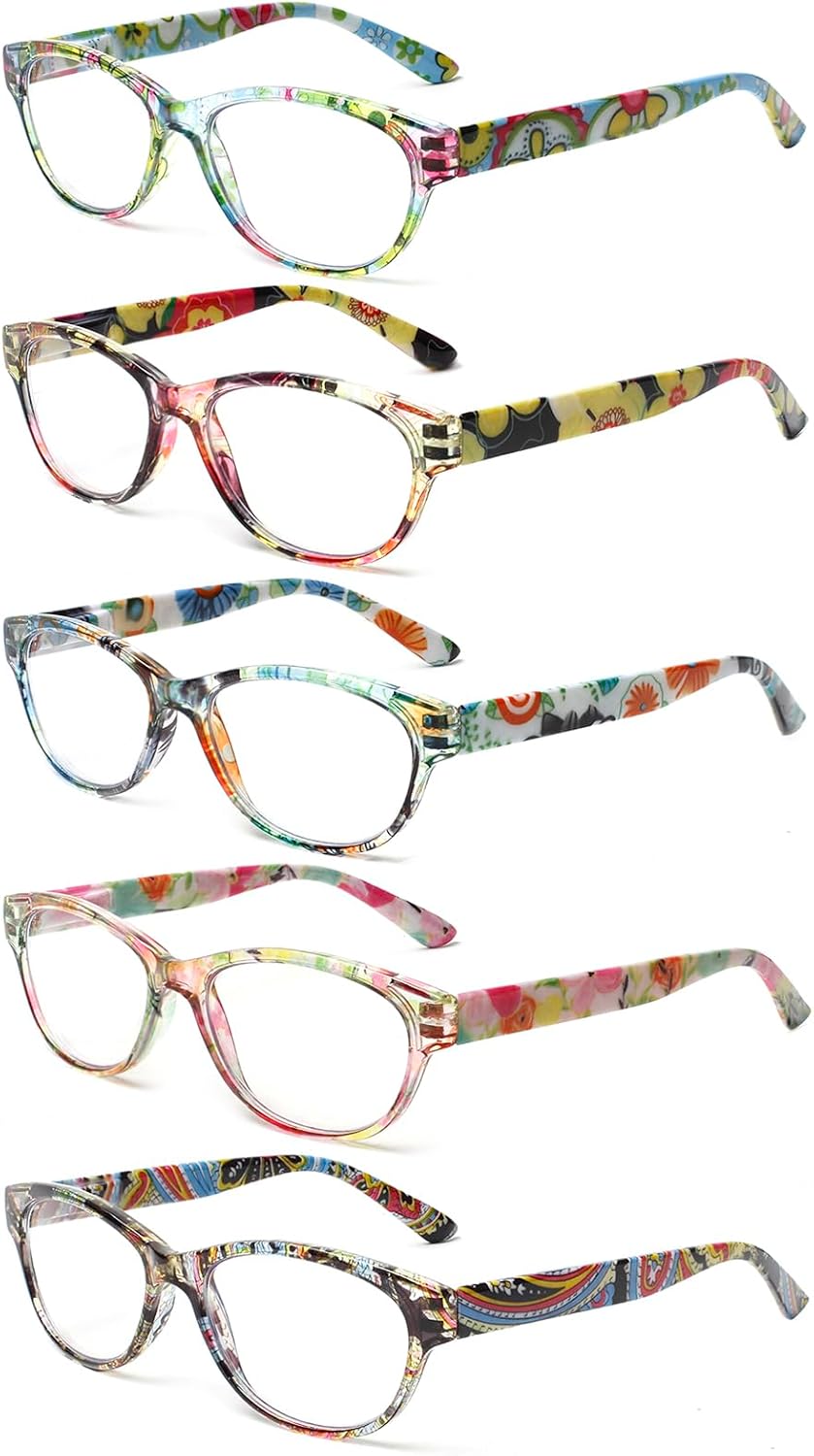 SIGVAN Ladies Cat Eye Reading Glasses 5 Pairs Blue Light Blocking Spring Hinge Fashion Pattern Print Readers for Women