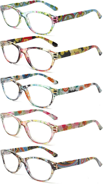 SIGVAN Ladies Cat Eye Reading Glasses 5 Pairs Blue Light Blocking Spring Hinge Fashion Pattern Print Readers for Women