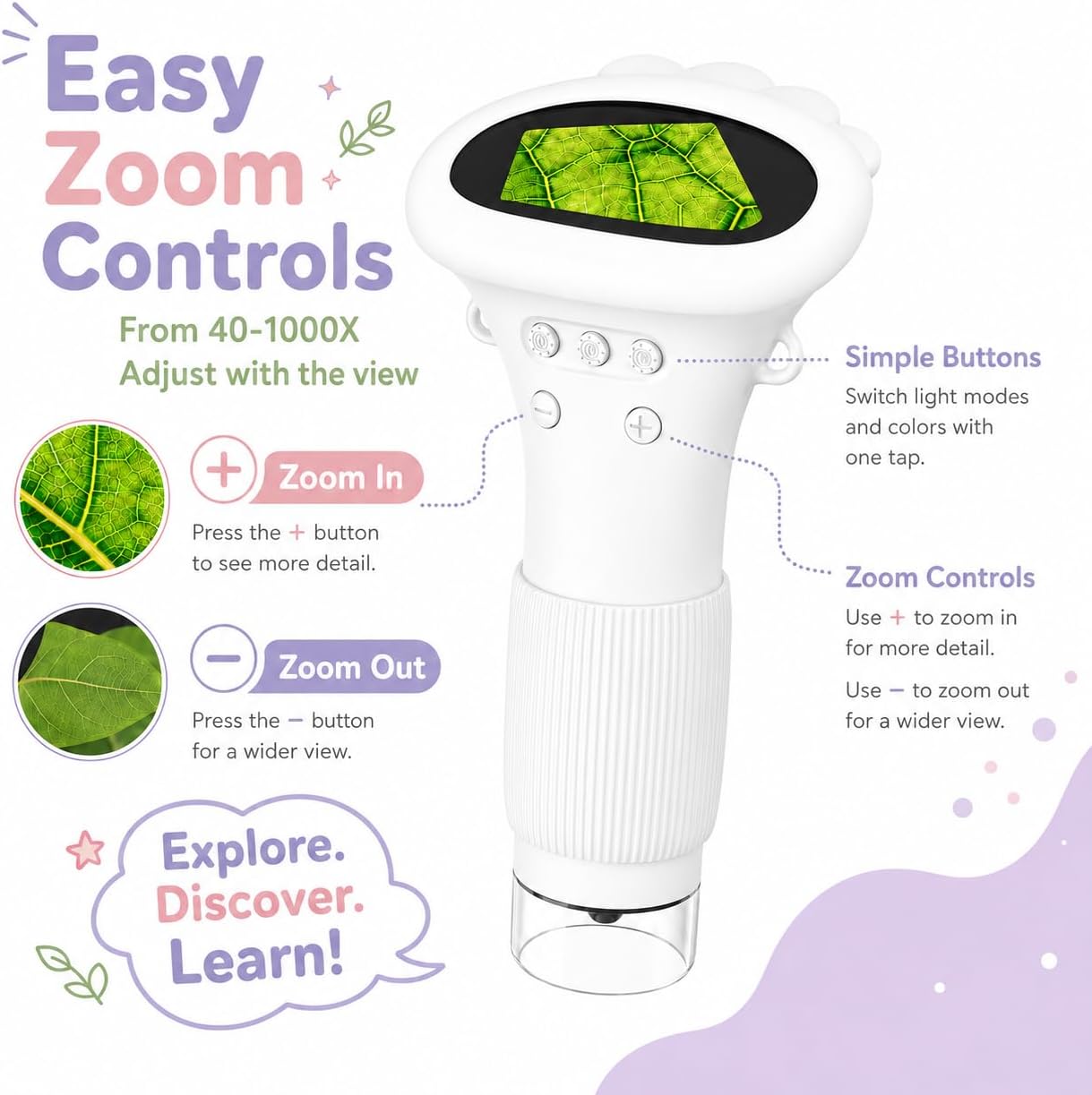 Kids Microscope Digital Camera, 1000X Handheld Camera Microscope for Kids with 2'' Screen, Educational Magnifying Glass Toy Christmas Birthday Gifts for Age 3 4 5 6 7 8 9 10 11 12 Girls Boys - Purple
