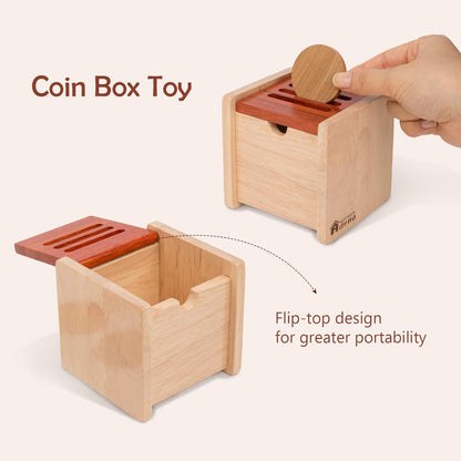 Adena Montessori Coin Box -Natural Wood Double-Sided Object Permanence Box Toy for 1-Year-Old Babies, Wooden Montessori Developmental Toy for 6-12 Month, Early Learning Gift