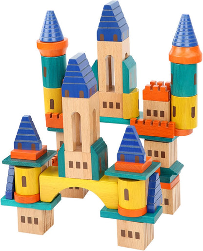 Xylolin Wooden Castle Building Blocks Set, Big Solid Beech Wood Toddlers Stacking Block Toy, Kids Construction Playset for Boys Girls 69 Pieces Set