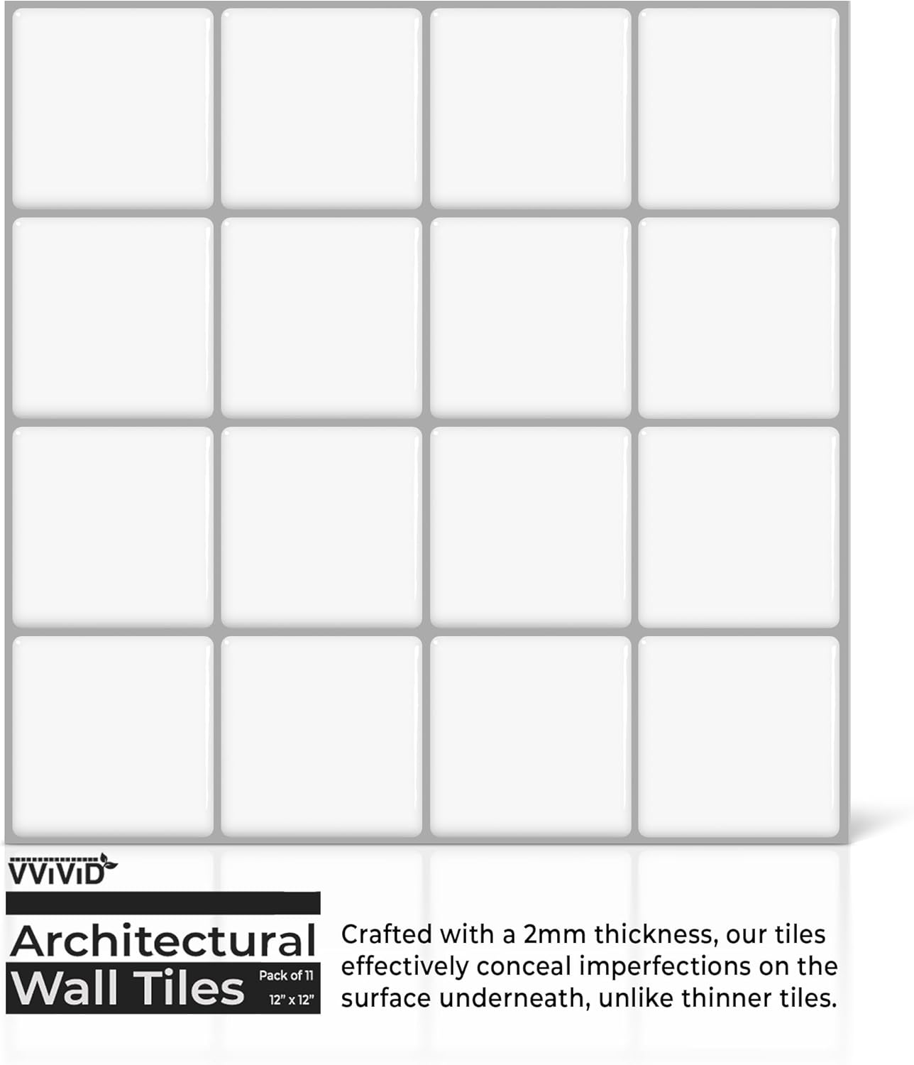 VViViD 11 Sheets Peel and Stick Grey Gloss Faux Ceramic Brick Wall Tiles, Self Adhesive Backsplash 12”x12”, 2mm Thick Kitchen, Bathroom (11 sq. ft.)