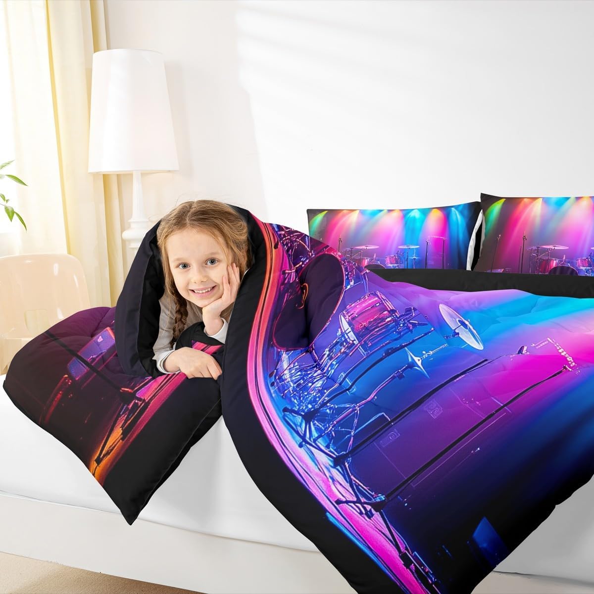 Erosebridal Drum Kit 3D Print Kids Comforter Sets Rock Music Themed Full Bedding Set for Boys Girls Musical Pattern Comforter Set,Colorful Retro Style Quilt Duvet 3 Pcs