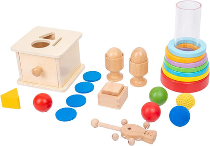 Adena Montessori Play Kit for 3-4 Months Baby,8 in 1 Wooden Learning Educational Toys for Toddler,Include Framed Mirror Book,High-Contrast Cards and More,Christmas Birthday Gift for Boys Girls