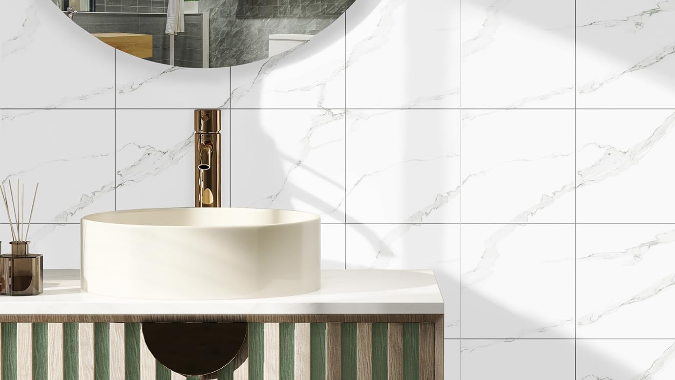 20-Pack Peel and Stick Gilded White Marble Tiles (11.8" x 11.8") – 19.4 Sq. Ft. Waterproof PVC Shower & Backsplash Tiles for Bathroom, Kitchen, and Living Room – Self-Adhesive, Easy Installation