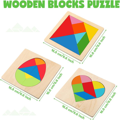 Yunsailing 3 Pack Large Hexagon Tangram Puzzle Wooden Brain Puzzles for Adult Challenge Wood Russian Blocks Brain Teasers Geometric Jigsaw Block Logic Iq Stem Family Graduation Gifts(Vintage)