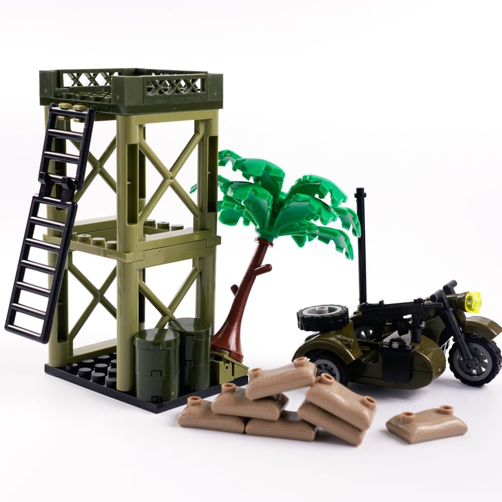 Military WW2 Accessories Weapons Pack - Army Builiding Block Sets, Military Soldier Figures Equipment Gear Pieces, Weapon Sentry Guard Tower Bricks Custom Scenes
