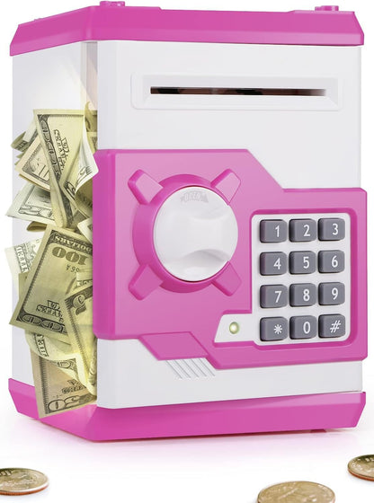 Playsheek Piggy Bank for Girls Boys Large Electronic Money Coin Banks with Password Protection, Automatic Paper Money Scroll Saving Box, Great Gift for Kids(Black-White)