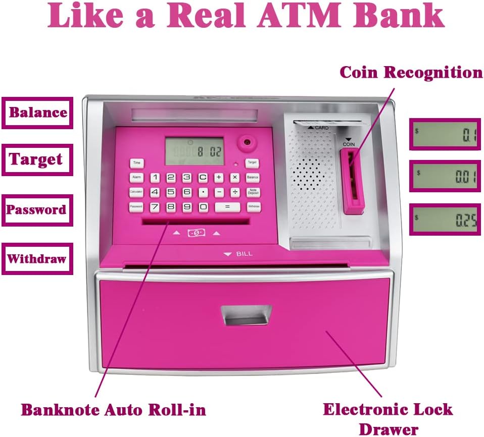ATM Savings Bank with Debit Card, Electronic Piggy Bank for Real Money, Coin Recognition, Targets Setting, Password Login, Voice Prompt, Great Gift for Boys Girls (Golden/Black)