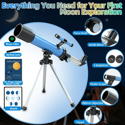 Telescope for Kids 50mm 100x Magnification Beginner Telescopio with Tripod, 2 Eyepieces & Finder Scope, STEM Educational Gift for Boys & Girls Ages 6-12, Portable Kids Telescope for Astronomy