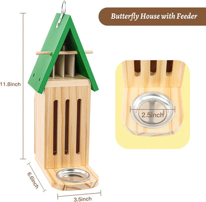 New Butterfly House and Feeder for Outside, Wooden Butterfly House with Metal Stake for Garden, Natural Butterfly Habitat with Butterfly Puddler on The Floor or Hanging on Tree Wall