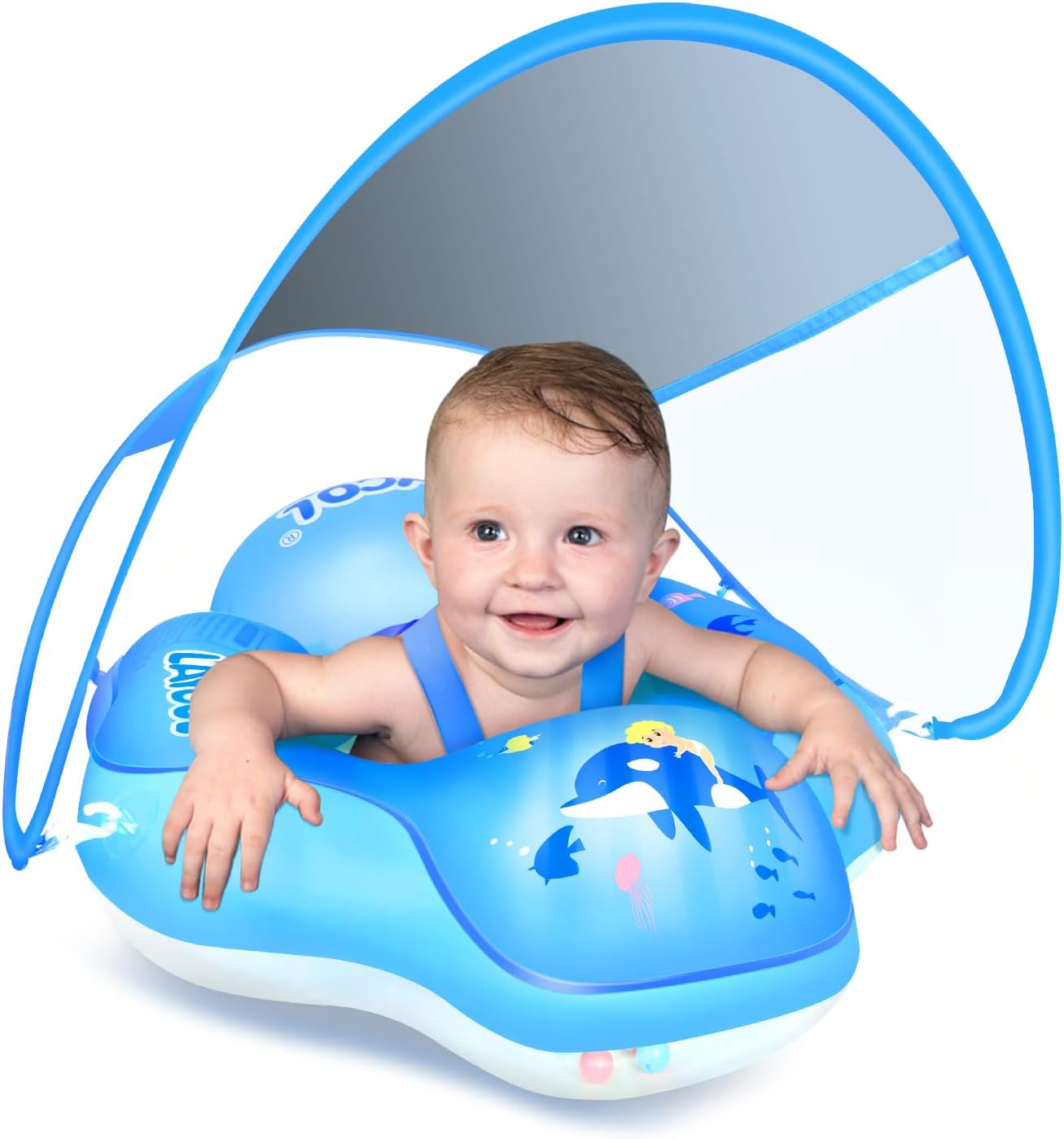 LAYCOL Baby Pool Float with Canopy UPF50+, 5 Point Safety Buckle No Flip Over, Inflatable Toddler Floaties Infant Pool Floats with Double Air Chambers, Baby Beach Essentials/Traval for 3-36M