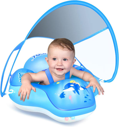 LAYCOL Baby Pool Float with Canopy UPF50+, 5 Point Safety Buckle No Flip Over, Inflatable Toddler Floaties Infant Pool Floats with Double Air Chambers, Baby Beach Essentials/Traval for 3-36M