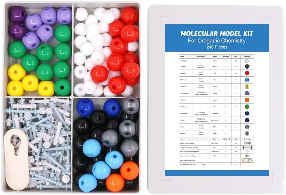 Swpeet 125 Pcs Molecular Model Kit for Inorganic & Organic Molecular Model Teacher and 16 Years and Over Student Kit - 54 Atoms & 70 Links & 1 Short Link Remover Tool - Science Toys