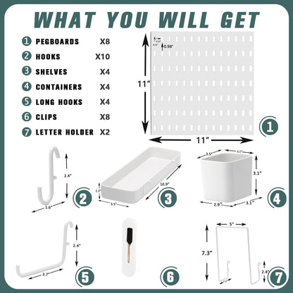 MULSAME Pegboard Combination Kit, Wall Mounted Storage Set with 8 Pegboards & 32 Accessories Hanging, White Peg Boards Organizer for Walls Display, Crafts Organization, Kitchen Organizer, 22" x 44"
