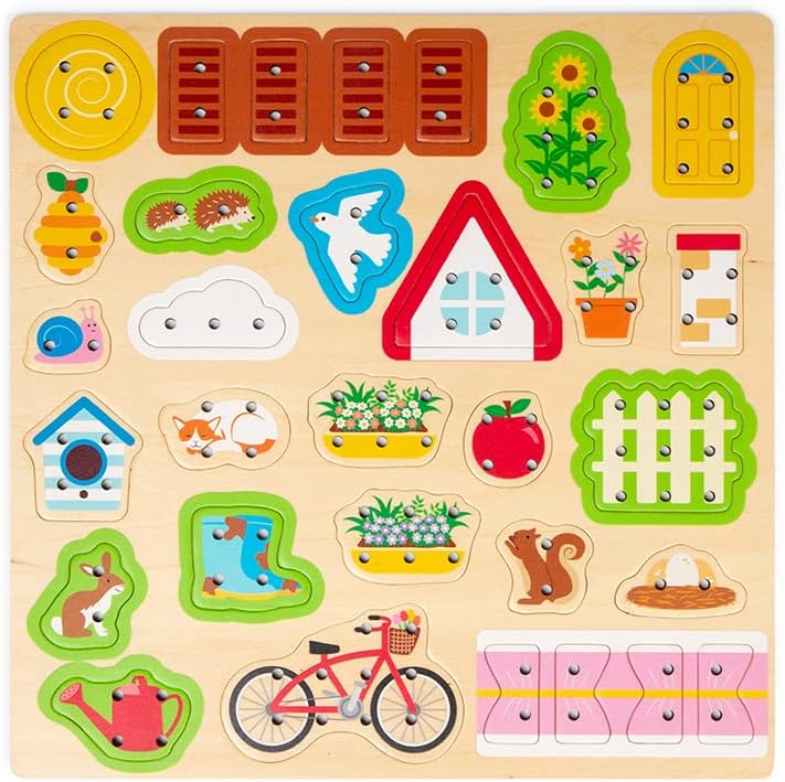 Bigjigs Toys House Lace-a-Shape Game - 30 Geometric Shape Lacing Cards & 6 Laces, Fine Motor Skills Toys, Threading Toys for 2+ Year Olds, Ideal Early Learning & Threading Toddler Toy