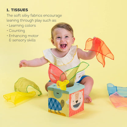 Taf Toys Baby Tissue Box Toy Silicone Baby Toys 6-12 Months Montessori Toys Sensory Activity & 10 Tissues for Fine Motor Development Soft Interactive Silicone Learning Cube for 1 Year Old Toddlers
