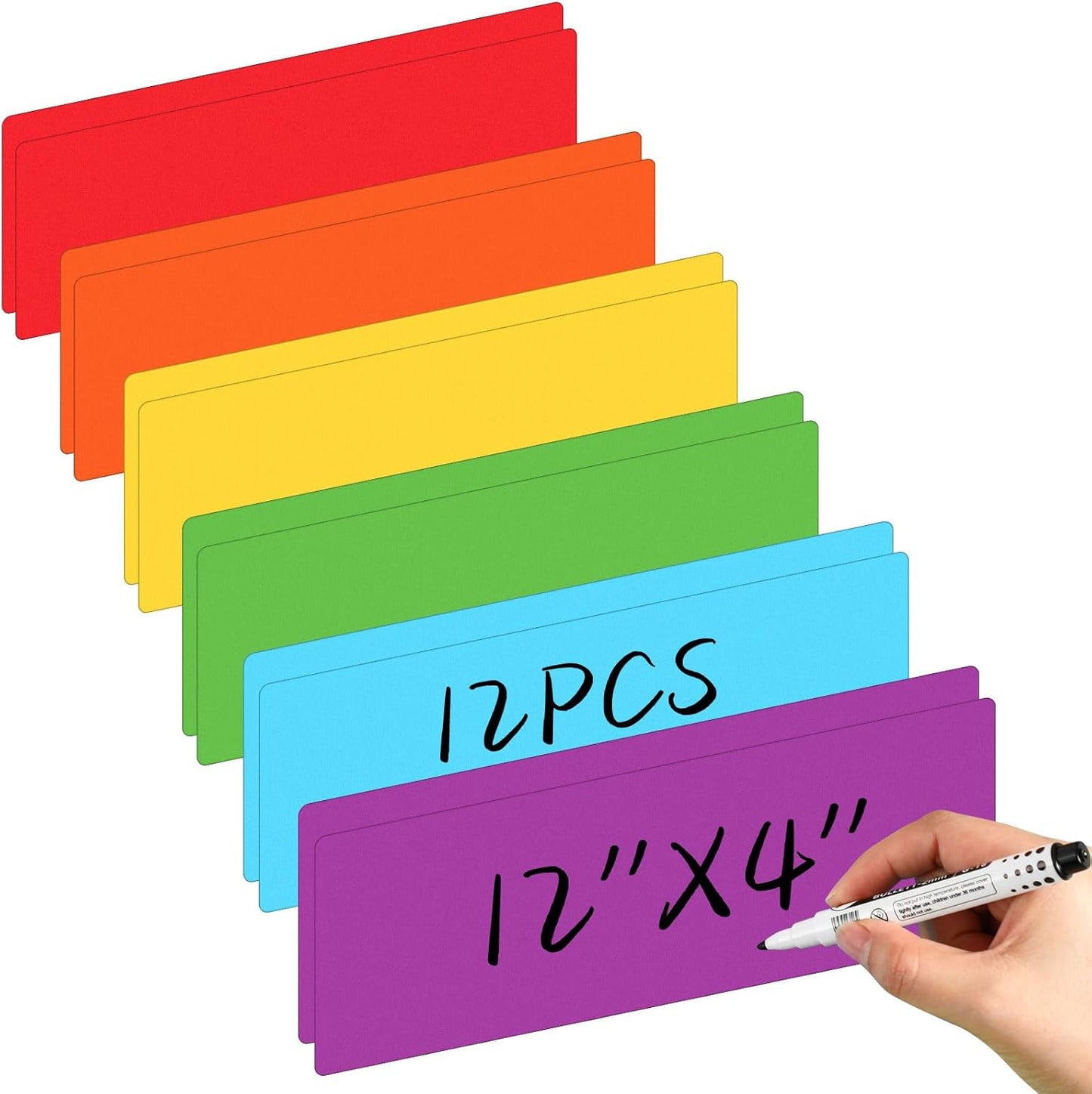 Janlaugh 12 Pcs Large Magnetic Dry Erase Labels for Classroom, 12 x 4 Inch Rectangle Magnetic Name Plates Label Flexible Magnet Stickers for Whiteboards Refrigerator(Rainbow Color,Style 1)