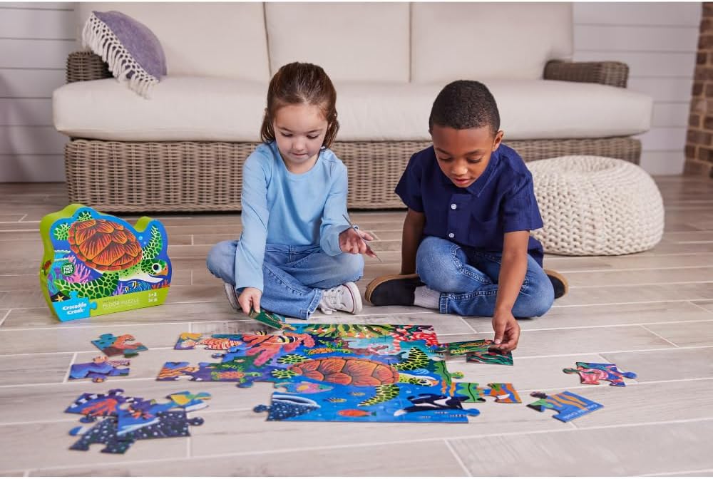 Crocodile Creek 36-Piece Jigsaw Floor Puzzle - Shark Reef - for Kids Ages 3-5 - Heavy-Duty Shaped Box for Storage - 24" W x 18" H Finished