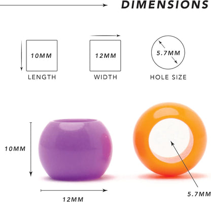 300 Acrylic Large Hole Beads for Crafts and for Hair 10mm x 12mm Acrylic Barrel Beads with 5.7mm Large Hole, Glossy Primary Assortment
