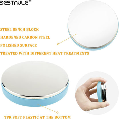 BESTNULE Professional Steel Bench Block, Covered with TPR Soft Plastic at the Bottom, Metal Stamping Table Mirror, Polishing with Chrome Plating for Jewelry Stamping Tools, (Dia: 3”, H: 19/32”)