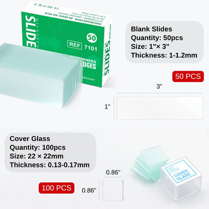 ZEEGOO Microscope Slides and Covers, Pre-Cleaned Optical Glass, High Light Transmittance, 50 Slides + 100 Coverslips, Ground Edges & 45° Corners, Fits Most Microscopes, Classroom, Lab & Home Use