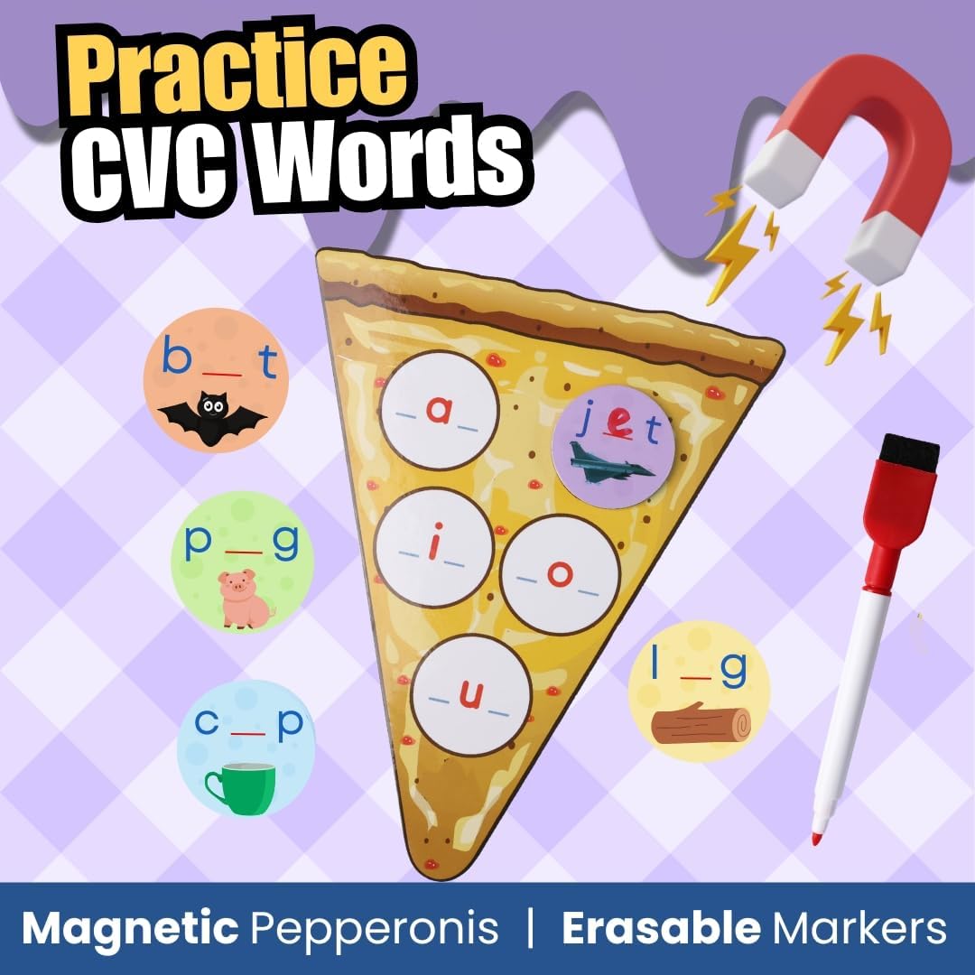 Phonics CVC Word Game - Magnetic Write & Wipe Vowels - Spelleroni Pepperoni by Pidoko Kids - Preschool & Kindergarten, Homeschool, Speech Therapy for Ages 3+
