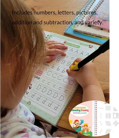 Motor Magic Workbooks, Your Little Explorer Magic Grooved Books, 4 PCS Handwriting Practice Copybook W/10 Replacement Refills+1 Pen+1 Pencil Grip, Handwriting Practice (2Set)