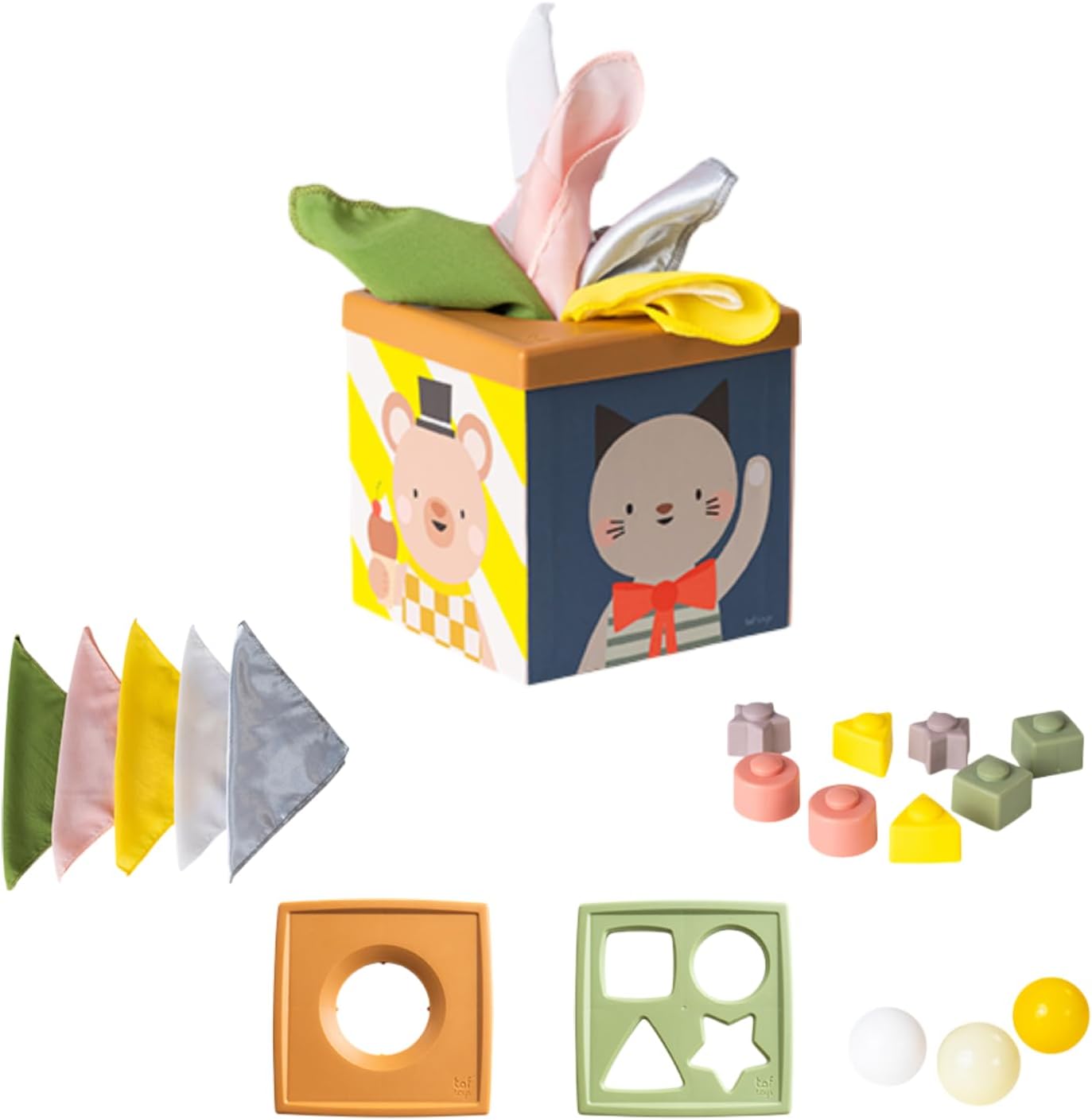 Taf Toys Baby Tissue Box Toy Silicone Baby Toys 6-12 Months Montessori Toys Sensory Activity & 10 Tissues for Fine Motor Development Soft Interactive Silicone Learning Cube for 1 Year Old Toddlers