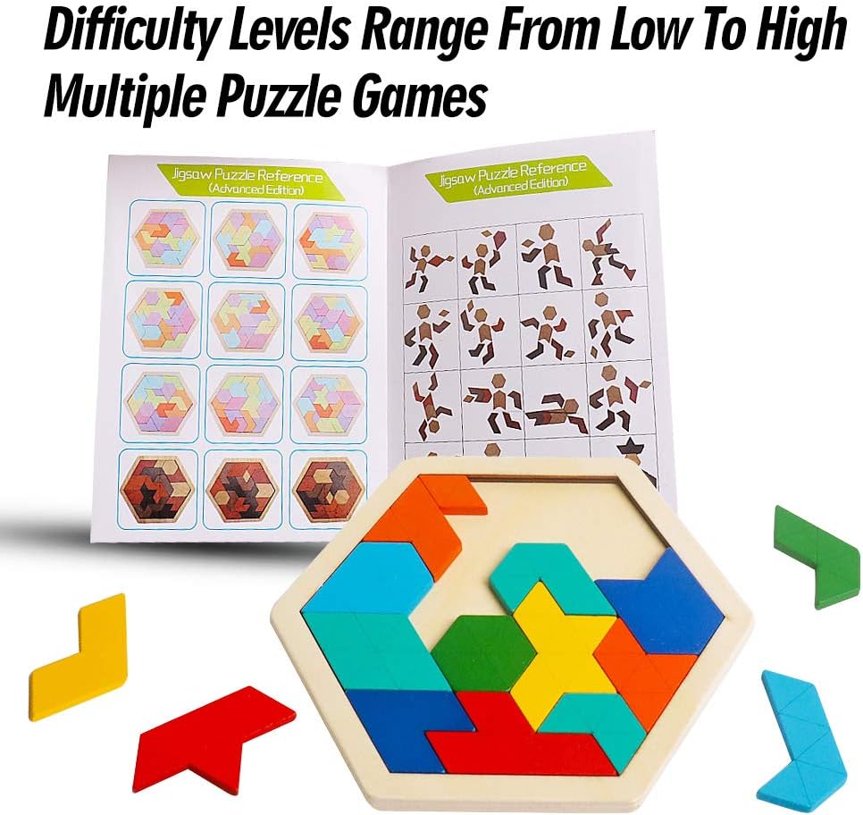 Skrtuan 5 Pack Wooden Puzzles Set - STEM Montessori Educational Board Games and Logic Traning Brain Teaser Geometric Shapes Tangram Puzzle Games for Kids Ages 3+