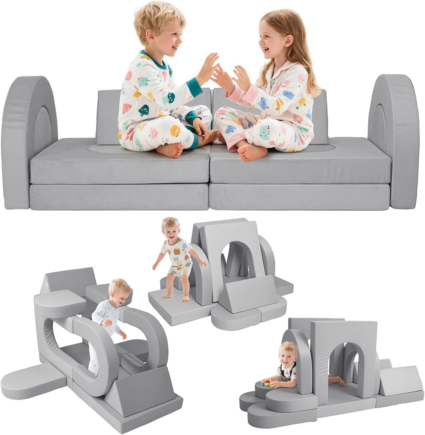 Tangram Puzzles modular kids play couch building fort, Children explorer sofa with Ball Pit, Kids playroom convertible furniture for Inspiring Child Creativity, Made entirely of sponge (Blue Series)