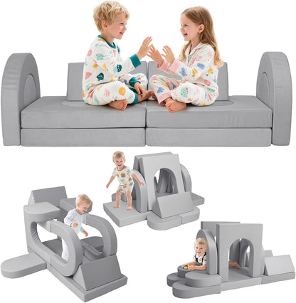 Tangram Puzzles modular kids play couch building fort, Children explorer sofa with Ball Pit, Kids playroom convertible furniture for Inspiring Child Creativity, Made entirely of sponge (Blue Series)