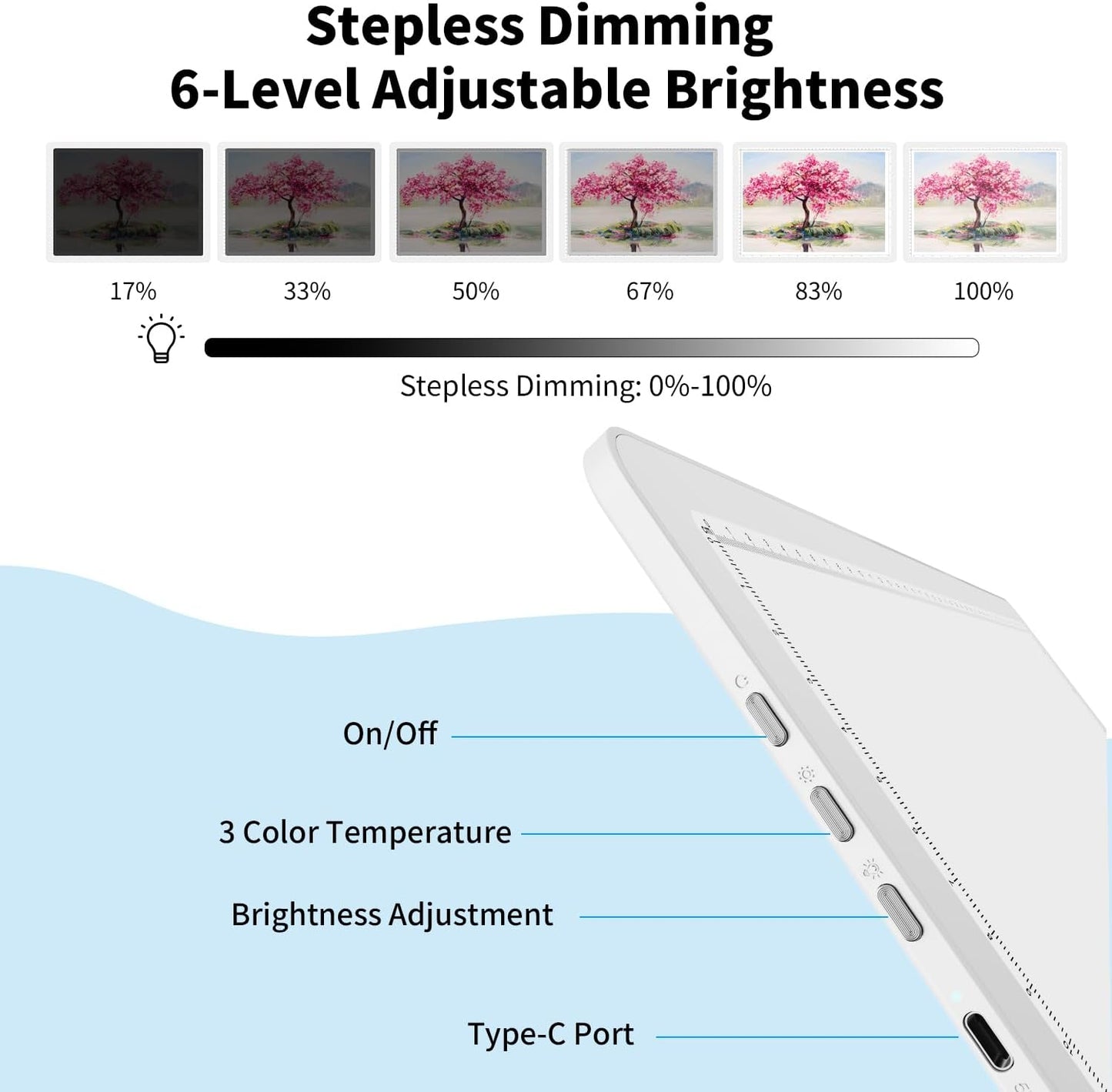 Rechargeable A3 Light Board for Diamond Painting, 5600 Lux Tracing Light Box with Side Physical Buttons, 3 Colors and 6 Levels of Brightness, LED Light Pad for Diamond Art, Drawing, Weeding Vinyl