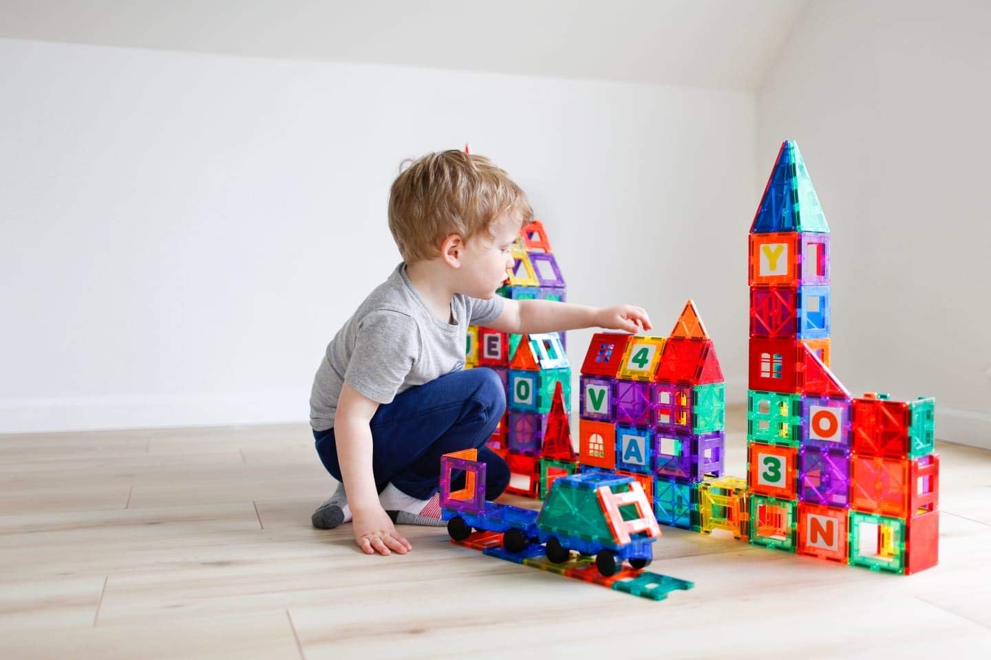 Playmags Magnetic Tile Building Set: Exclusive Educational Clickins – 80-Pc. Kit: 40 Super Strong Clear Color Magnet Tiles Windows & 40 Letters & Numbers – Stimulate Creativity & Brain Development
