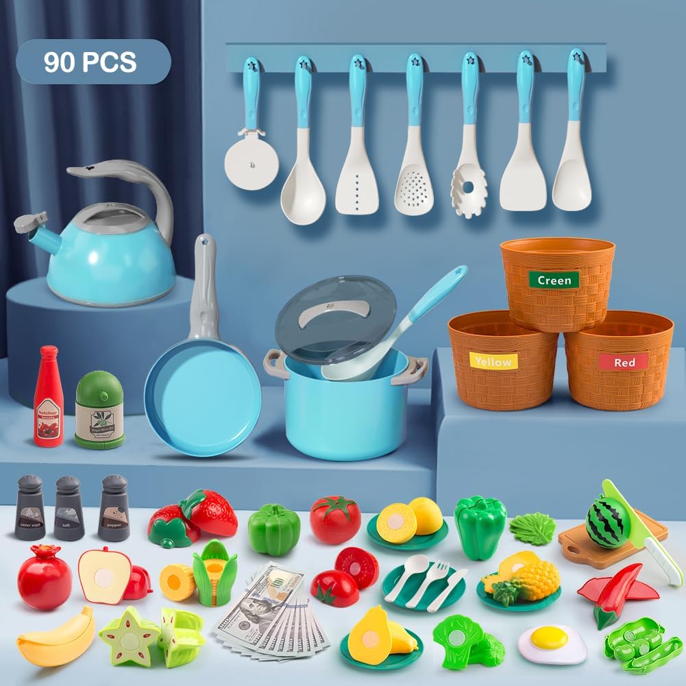 150Pcs Kitchen Playset, Toddlers Pretend Cooking Cookware Accessories, Food, Picnic Blanket, Fruits, Veges, 2Pack Shopping Storage Basket, Dessert and Prop Money, Gift for Kids (Pink)
