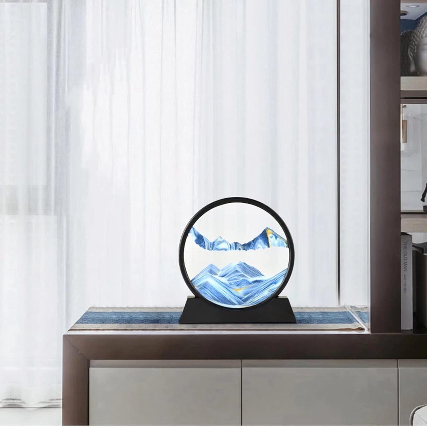 BGFJYUK Moving Sand Art Picture in Motion, Round Tempered Glass 3D Deep Sea Sandscapes with Display Flowing Sand Frame for Relaxing Desktop Home Office Work Décor for Kids Adults （Blue, 7inch