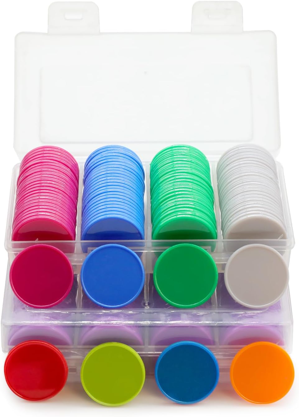 Set of 100 Opaque Plastic Learning Counters Mini Poker Chips Game Tokens with Storage Box (Black+White+Blue+Purple, 1 Inch)