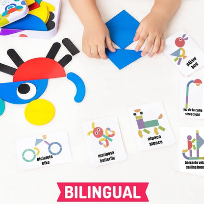 Spanish Sight Words Jigsaw Puzzle | Bilingual Learning Toy | Educational Stacking and Sorting Game Geometric Pattern Blocks Tangram Puzzles