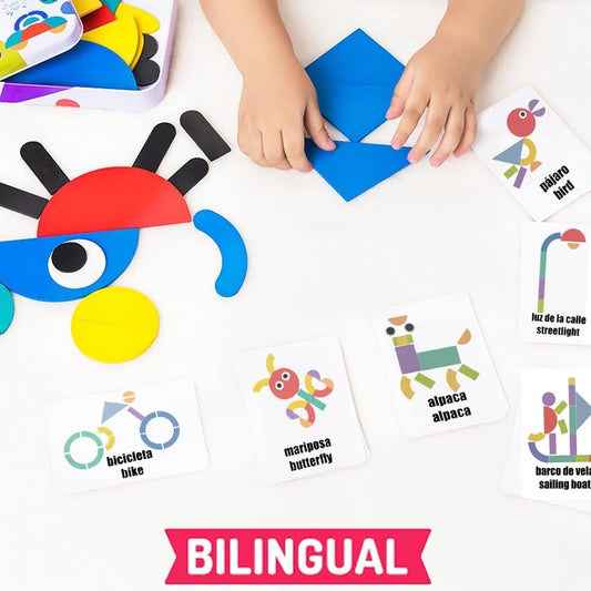 Spanish Sight Words Jigsaw Puzzle | Bilingual Learning Toy | Educational Stacking and Sorting Game Geometric Pattern Blocks Tangram Puzzles