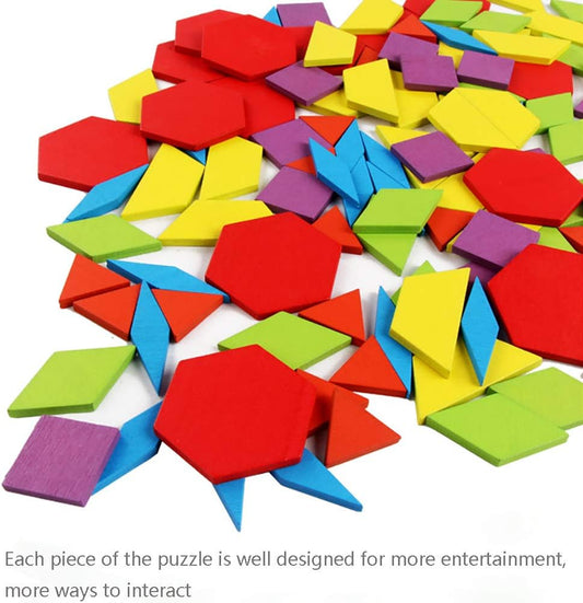 155 Pcs Wooden Pattern Blocks Set Geometric Shape Puzzle Kindergarten Classic Educational Montessori Tangram Toys for Kids Ages 4-8 with 24 Pcs Design Cards