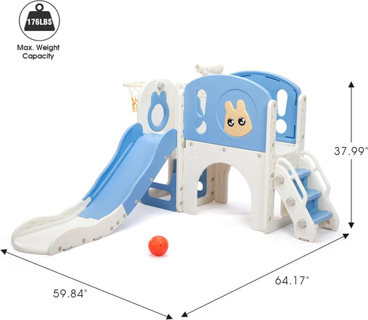 NYEEKOY 8-in-1 Toddler Slide and Climber Playset, Kids Slide Playground with Stairs, Tunnel, Telescope, Storage, Basketball Hoop and Ball, Indoor Outdoor, 1-3 Years Old, Blue