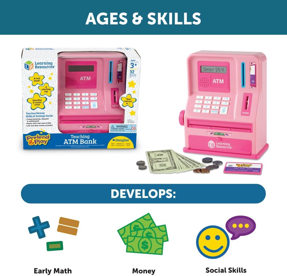 Learning Resources Pretend & Play Teaching ATM Bank, Pink - Play Money for Kids, Children's Banks, Electronic ATM Piggy Bank, Money Management for Kids, Coin Machine Toys