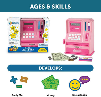 Learning Resources Pretend & Play Teaching ATM Bank, Pink - Play Money for Kids, Children's Banks, Electronic ATM Piggy Bank, Money Management for Kids, Coin Machine Toys