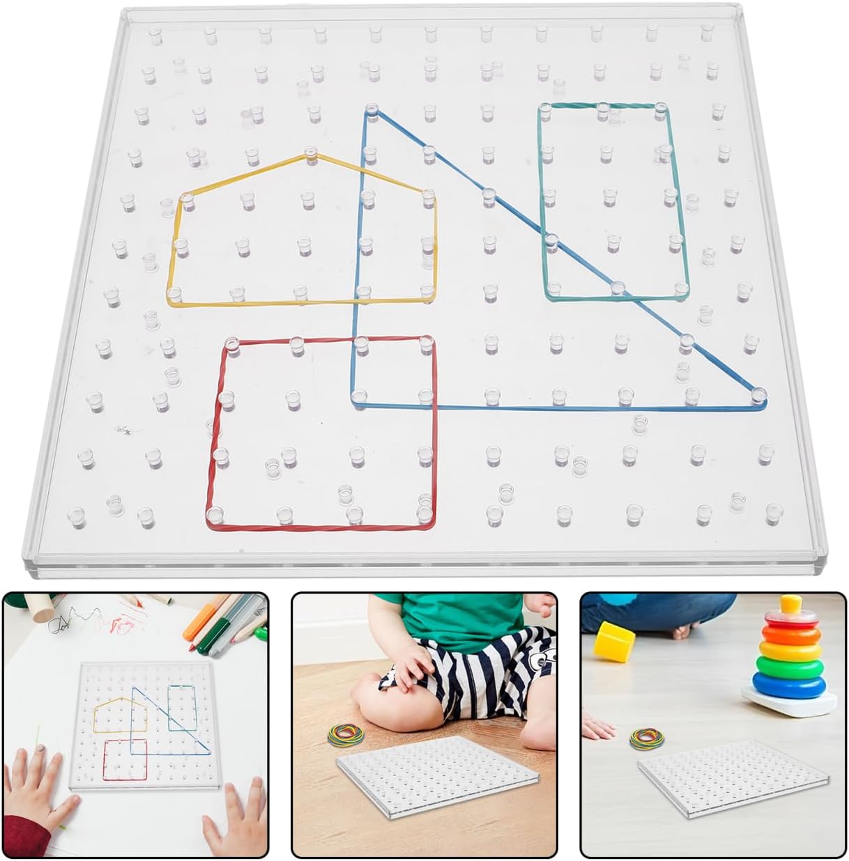 SUPVOX Double-Sided Geoboard 7.87 Inch Kids Educational Toy with 20 Rubber Bands for Math Learning Geometry Crafting Classroom and Homeschool
