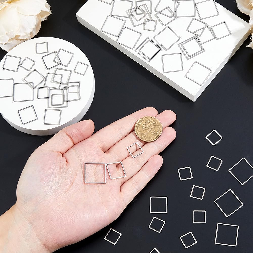 60Pcs 3 Sizes Stainless Steel Hollow Square Pendants Cube Open Bezel Blank linking Rings Square Frame Connector Charms For Jewelry Craft Kits Making DIY